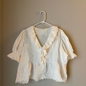 Ultra Pink White Eyelet Ruffle Blouse - Women Tops